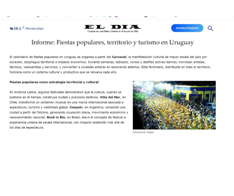 Fiestas populares, territorio y turismo en Uruguay: informe para El D&iacute;a