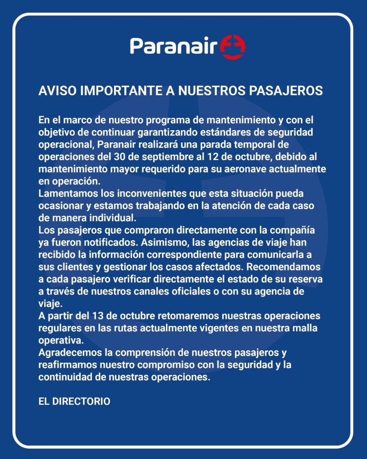 Paranair suspende vuelos a Montevideo por mantenimiento de flota
